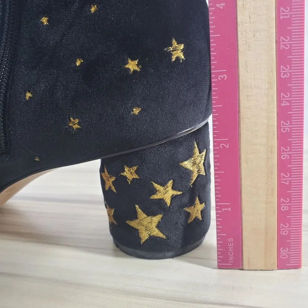 sz 7 Butrich Black Velvet Gold Stars Embroidered Booties Ankle Boots Metallic